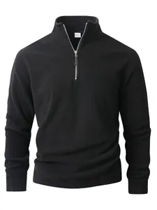 Detailed view of men's black half-zip polar fleece sweatshirt with stand collar