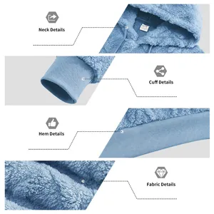 Close-up detail shots of blue double-sided fleece hoodie neck, cuff, hem and fabric texture