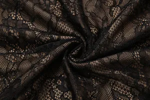 Detailed close-up of intricate floral black lace fabric texture and mesh pattern