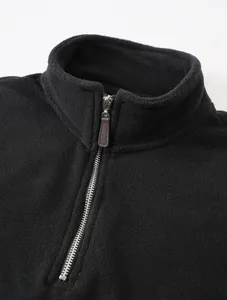 Detail showing stand collar and high-quality half-zipper on black polar fleece sweatshirt