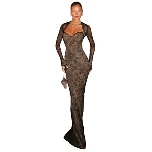 Full view of an elegant black lace evening dress set with a matching long-sleeved shrug.