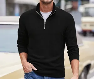 Black polar fleece men's sweatshirt featuring a stand collar and half-zip closure