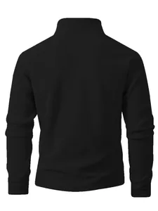 Back view detail of a plain black men's fleece sweatshirt with a high collar design.