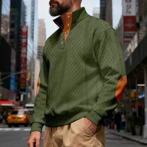 Vintage olivgrüner Herrenpullover mit Jacquard-Struktur und orangefarbenem Kragen
