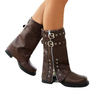 Braune Mid-Calf Stiefel im Retro-Stil mit dekorativen Schnallen, Nieten und Blockabsatz