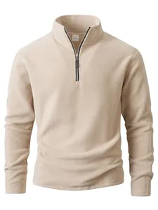 High-quality texture detail of men's beige polar fleece half-zip stand collar sweatshirt