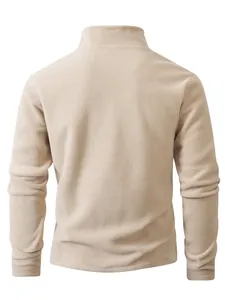 Detailed back view of a men's thick beige fleece stand collar outdoor sweatshirt