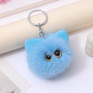 Soft blue fluffy cat head plush keychain for bag charm and car accessories