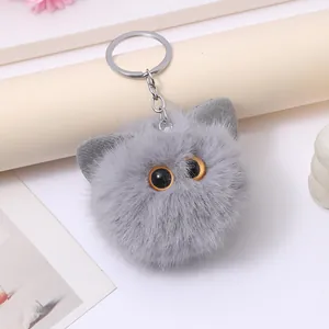 Detailed macro view of a grey fluffy cat head plush keychain with big round orange eyes.