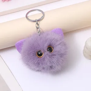 Close-up of fluffy purple plush cat head keychain with cute big eyes detail