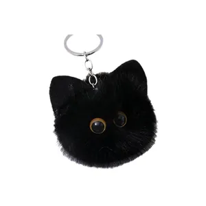 Cute fluffy black cat head plush keychain pendant for ladies handbags and car keys