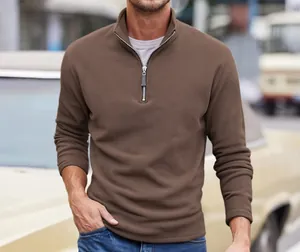 Men's brown polar fleece sweatshirt with half-zip stand collar for casual outdoor wear