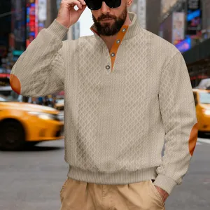 Vintage Herren-Stehkragen-Pullover mit Textur und orangefarbenen Ellbogen-Patches