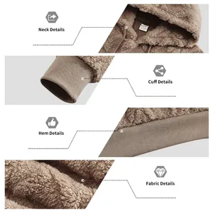 Macro details of men's fuzzy hoodie fabric, ribbed cuffs, and hem texture