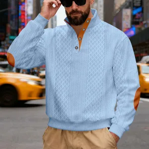 Vintage Herren-Sweatshirt in Hellblau mit Strukturmuster, Stehkragen und Ellenbogen-Patches