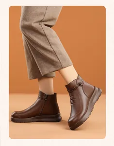 Classic brown leather ankle boots for middle-aged women with non-slip thick sole