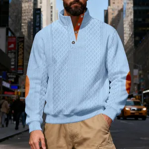 Schwerer Retro-Jacquard-Herrenpullover mit Stehkragen und kontrastierenden Ellbogen-Patches