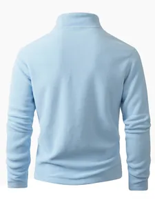 Detailed back view of a light blue men's polar fleece stand collar pullover jacket