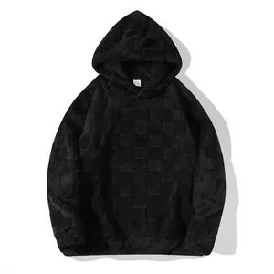 Schwarzer Fleece-Hoodie für Herren mit Karomuster und gemütlicher Textur