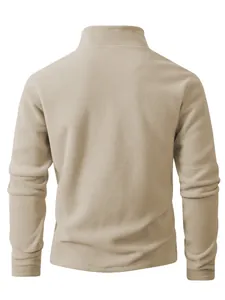 Back view of a men's beige polar fleece sweatshirt featuring soft stand collar texture