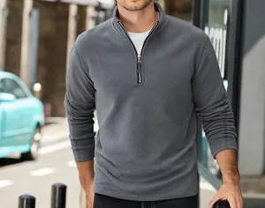 Detailed view of men's gray thick polar fleece half-zip stand collar sweatshirt.