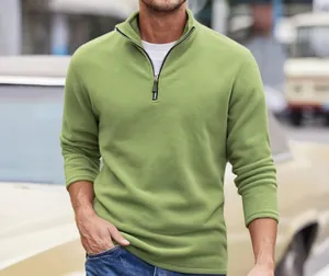 Close-up of olive green fleece sweatshirt with half-zip and stand collar details.