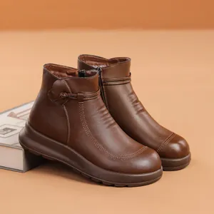 Classic warm brown leather ankle boots for middle-aged women with non-slip thick soles