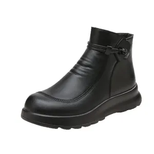 Comfortable warm black leather ankle boots for elderly women with non-slip platform sole