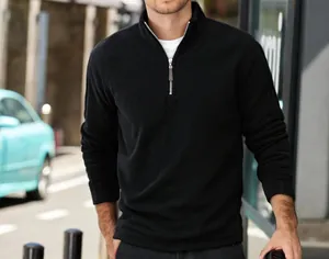 Close-up of black men's quarter-zip polar fleece pullover in an urban setting