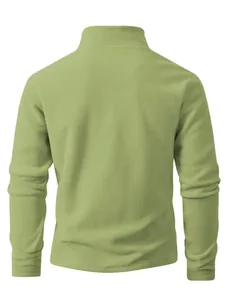 Detailed back view of a men's olive green polar fleece jacket with high stand collar