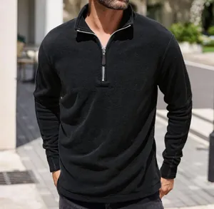 Close-up of men's black thick polar fleece half-zip sweatshirt with stand collar