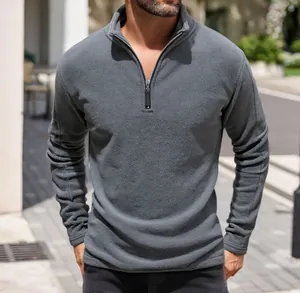 Close-up of men's grey heavy polar fleece sweatshirt with half-zip and stand collar.