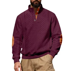 Felpa vintage bordeaux da uomo in jacquard testurizzato con colletto alto e gomitiere