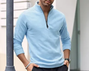 Detail of a light blue thick fleece half-zip stand collar sweatshirt for men