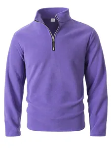 Close-up detail showing the texture of purple men's fleece sweatshirt with half-zip