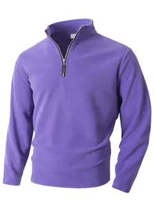 Detail of a purple men's fleece sweatshirt with a stand collar and half-zipper closure