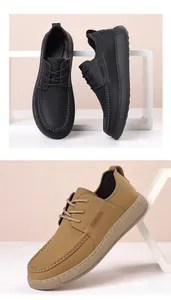 Detail views of versatile men's casual leather shoes in black and tan with thick soles