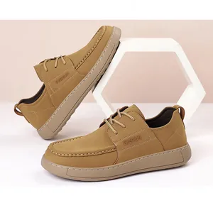 Khaki business casual leather shoes for men with thick soft soles and decorative stitching