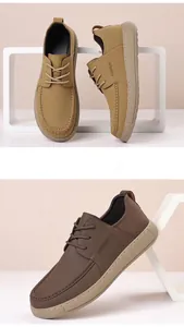 Detail view of men's business casual leather shoes in tan and dark brown colors