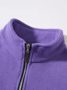Close-up of stand-up collar and half-zip detail on purple polar fleece sweatshirt