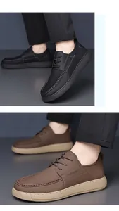Detailed view of men's brown business casual leather shoes with a thick soft sole.
