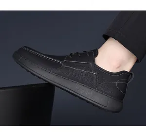 Side detail of men's black casual leather work shoes with thick soft sole