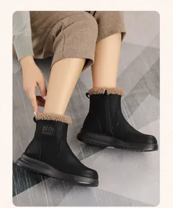 Detailed view of black winter snow boots for women featuring warm faux fur and zipper.