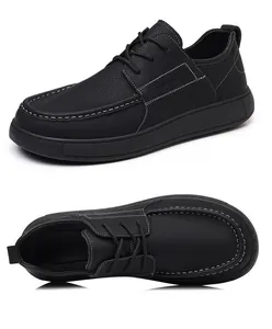 Multi-angle view of black men's business casual leather shoes with thick soft soles.