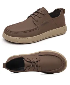Detailed views of brown men's casual leather shoes with thick soles and English style