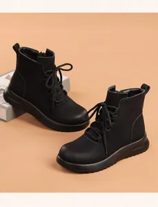 Winter warm black leather ankle boots with soft anti-slip soles and side zippers