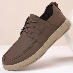 Men's brown business casual leather shoes with thick sole and British style design