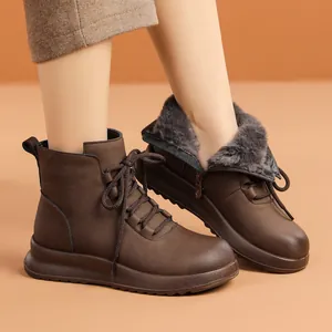 Women Winter Ankle Boots Genuine Leather Warm Fleece Lined Anti-Slip Soft Sole Casual Snow Boots For Middle-Aged Elderly