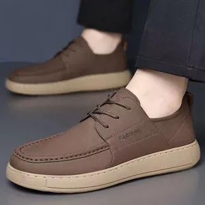 Premium men's business casual brown leather shoes featuring a thick sole and lace-up style