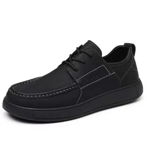 Classic black men's business casual leather shoes with thick soft soles and white stitching